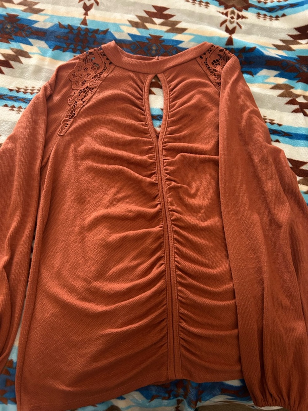 Daytrip Rust Lace Yoke Long Sleeve Shirt